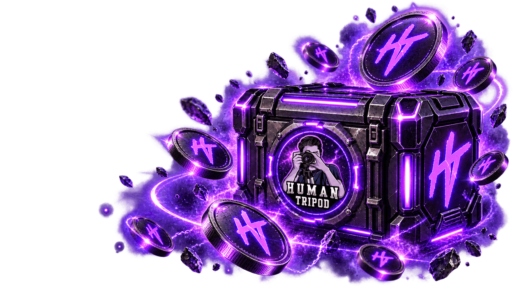 HumanTripod sci-fi crate with circular mascot badge, floating purple HT coins and an up to 15% total bonus panel.